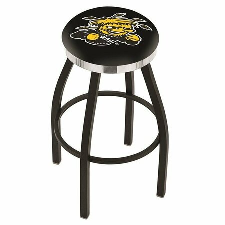 HOLLAND BAR STOOL CO 36" Blk Wrinkle Wichita State Swivel Bar Stool, Chrome Ring L8B2C36WichSt